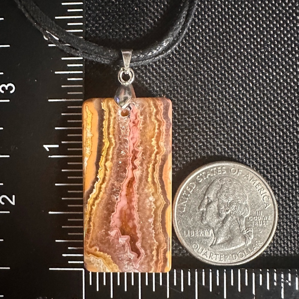 Crazy Lace Agate Rectangle Pendant Necklace on Black Rope - Picture 14 of 15